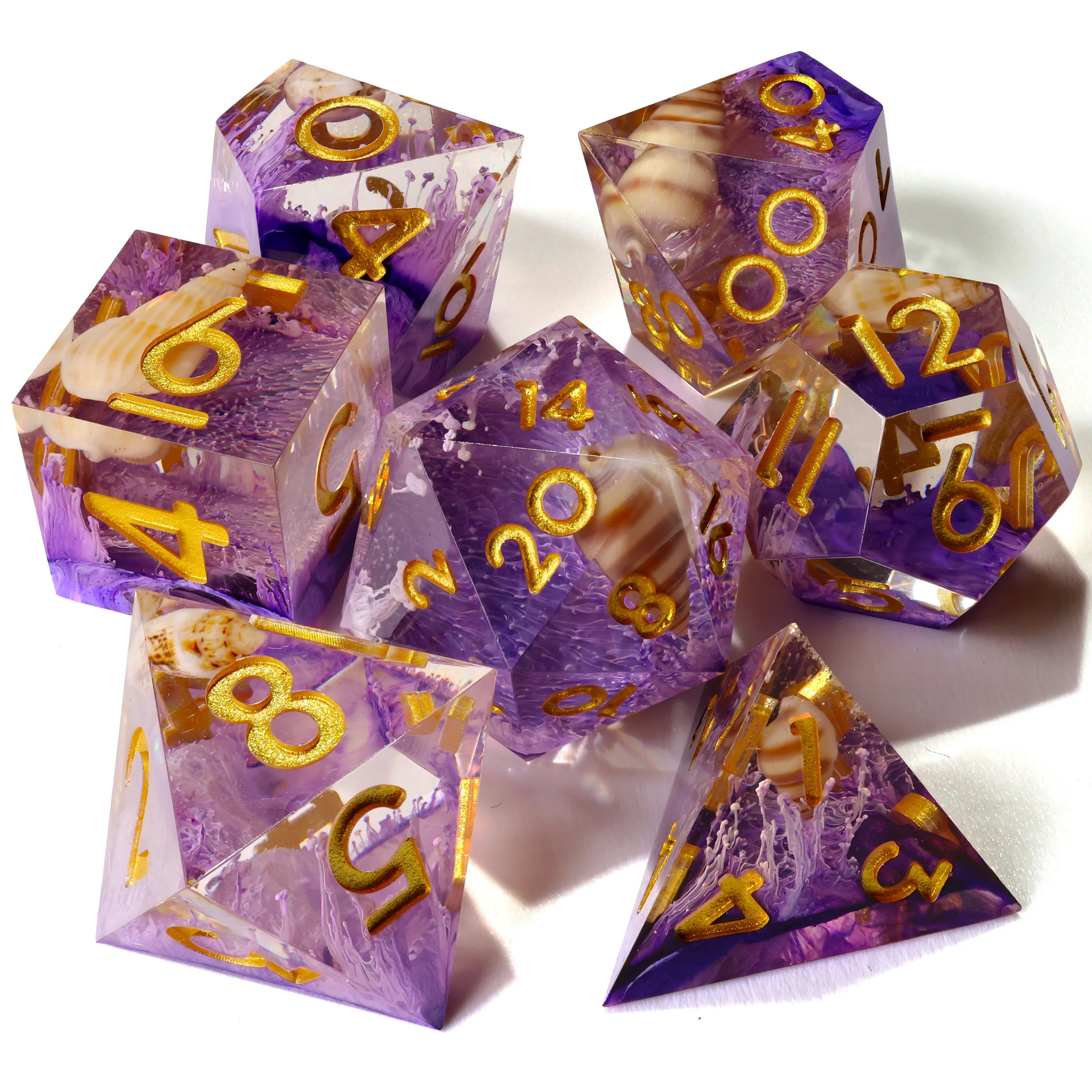 Purple Seashell Sharp Edge RPG Dice Set - 7 Pieces - Image 2