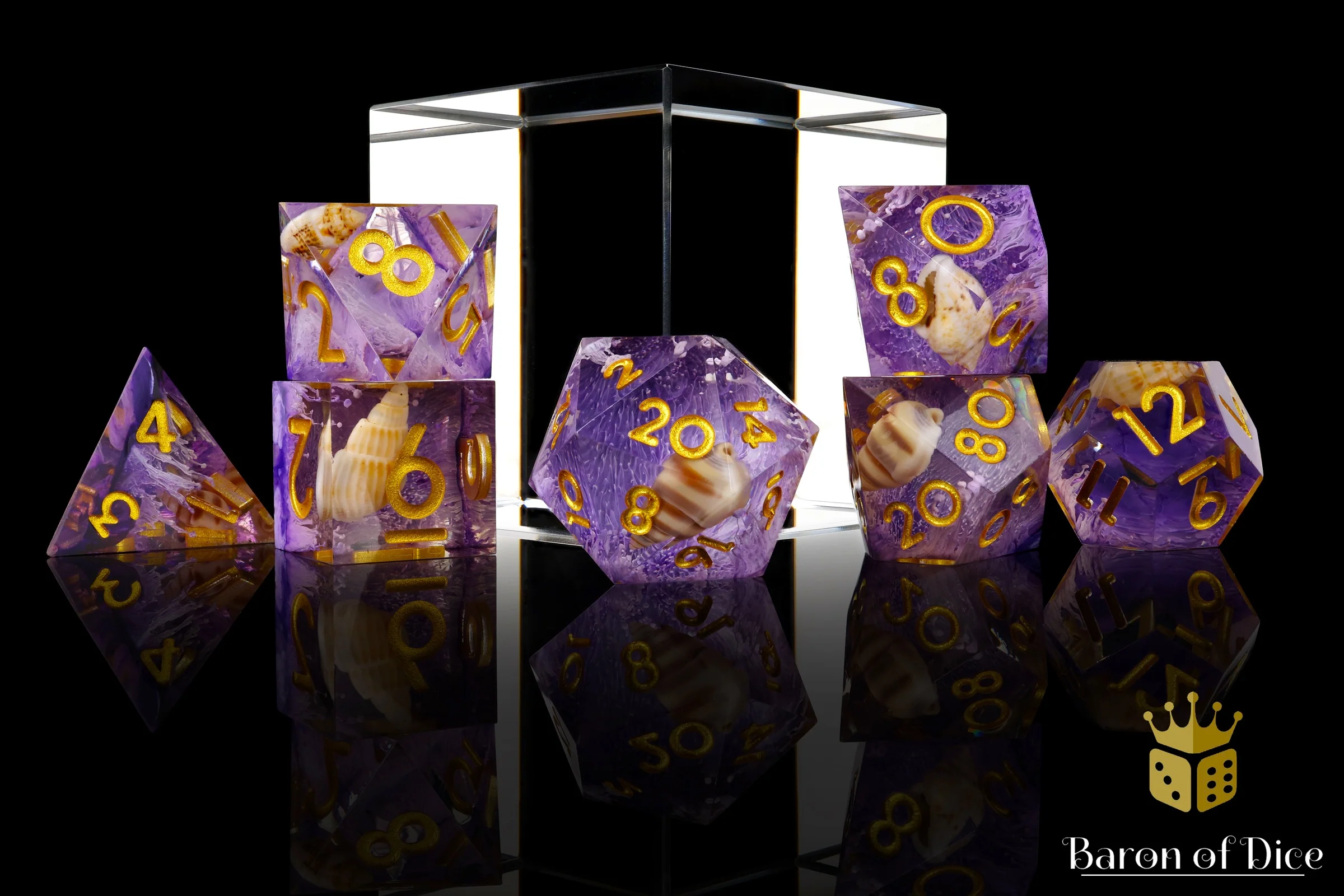 Purple Seashell Sharp Edge RPG Dice Set - 7 Pieces - Image 3