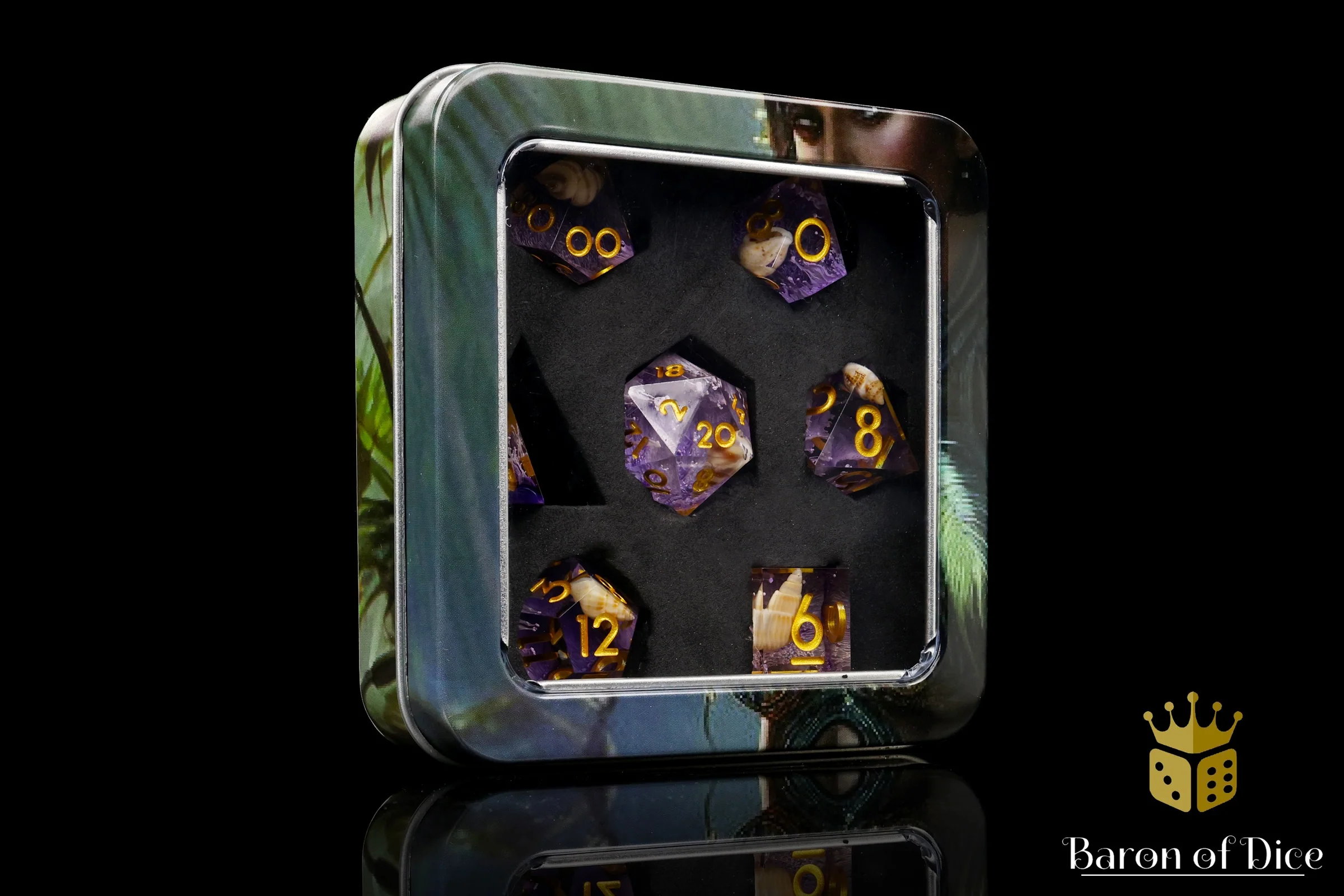 Purple Seashell Sharp Edge RPG Dice Set - 7 Pieces - Image 4